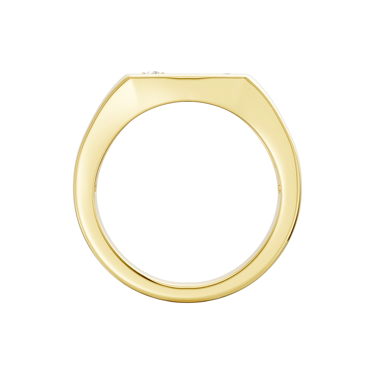 Front view of a 14K yellow gold signet ring with a central round jewel and radiating sunburst detailing.
