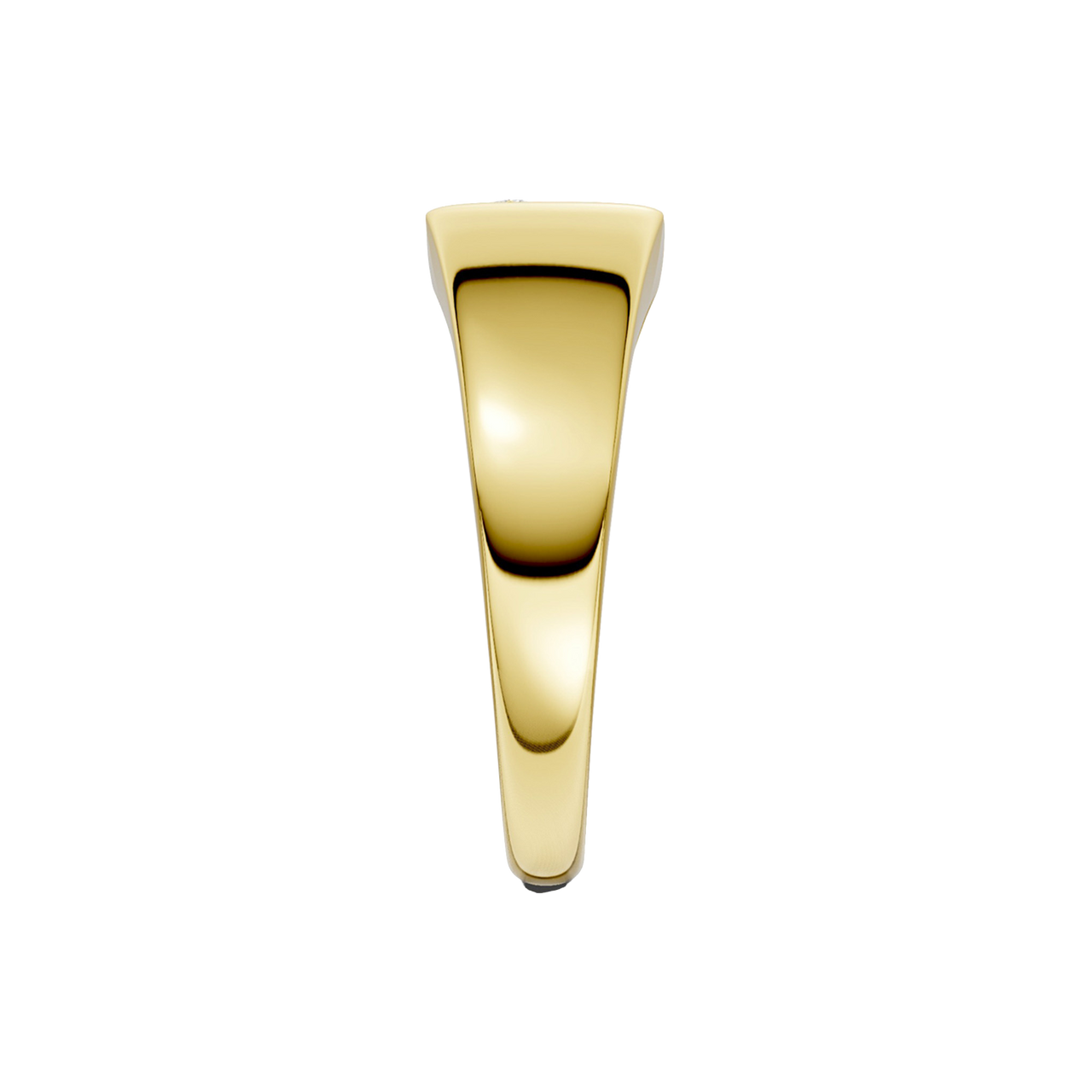 A side-profile view of a 14K yellow gold signet ring, showing the polished band and the elevated signet face.
