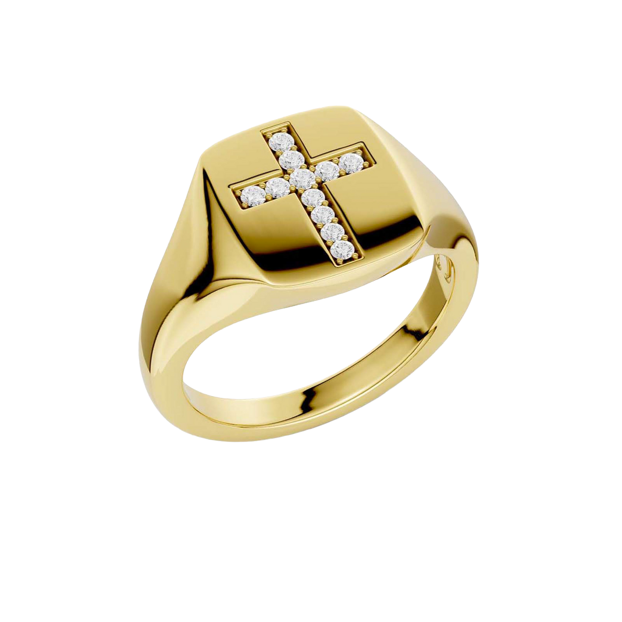 An angled view of a 14K yellow gold signet ring, showcasing the pavé jewel cross design.