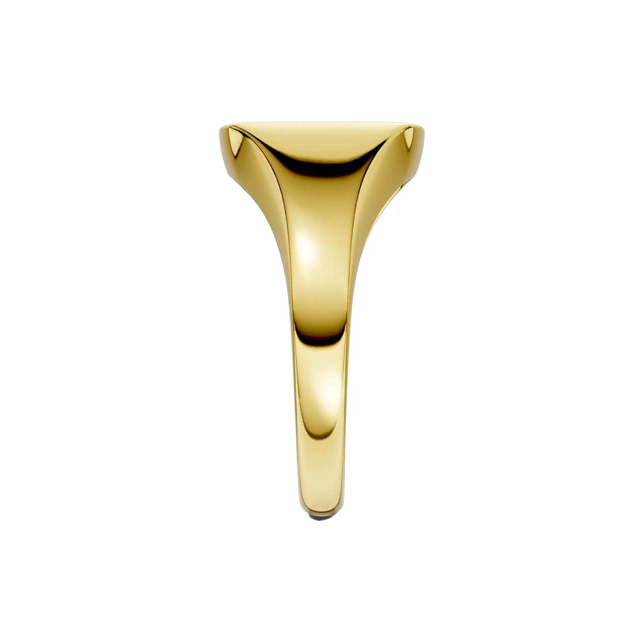 A side-profile view of a 14K yellow gold signet ring, showing the polished band and the