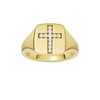 A top-down view of a 14K yellow gold signet ring with a central cross motif paved with round jewels.