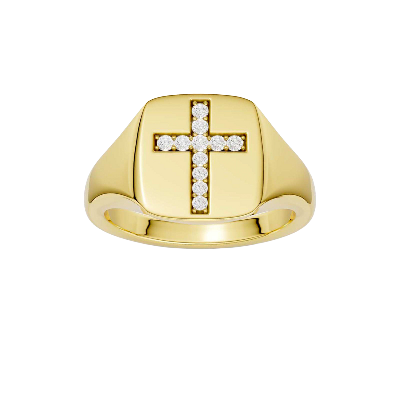 A top-down view of a 14K yellow gold signet ring with a central cross motif paved with round jewels.