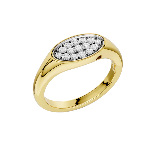 An angled view of a 14K yellow gold signet ring, showcasing the continuous sparkle of the oval, pavé-set diamonds.