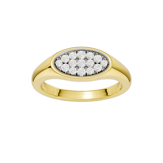 A top-down view of a 14K yellow gold oval signet ring with a continuous line of pavé diamonds.