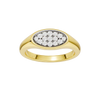A top-down view of a 14K yellow gold oval signet ring with a continuous line of pavé diamonds.