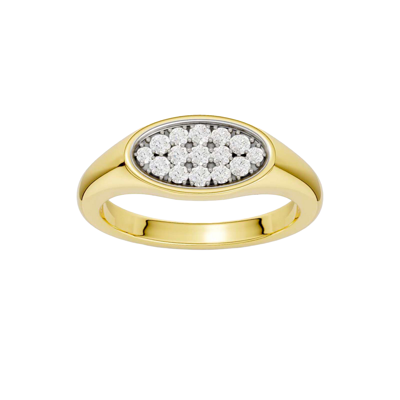 A top-down view of a 14K yellow gold oval signet ring with a continuous line of pavé diamonds.