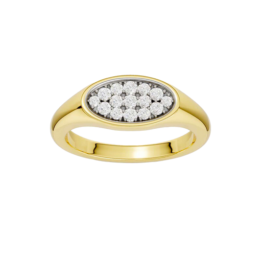 A top-down view of a 14K yellow gold oval signet ring with a continuous line of pavé diamonds.
