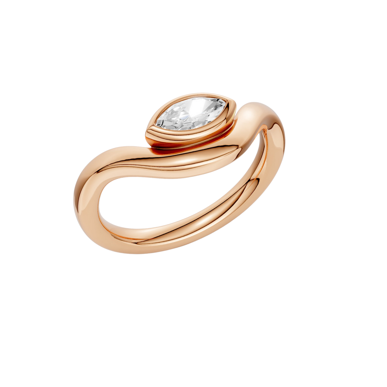 Marquise diamond wave ring in rose gold, top view