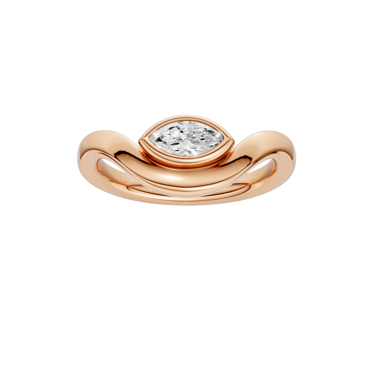 Marquise diamond wave ring in rose gold, band detail view
