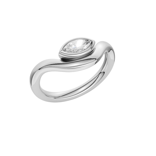 Marquise diamond wave ring in white gold, top view