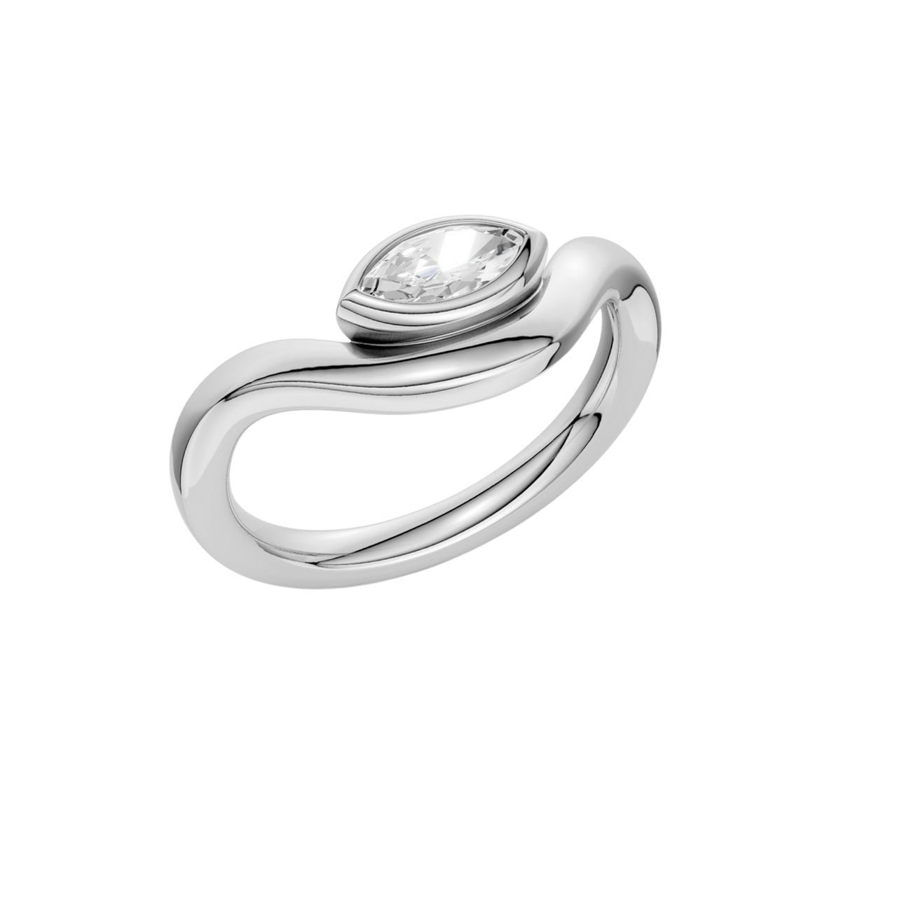 Marquise diamond wave ring in white gold, top view