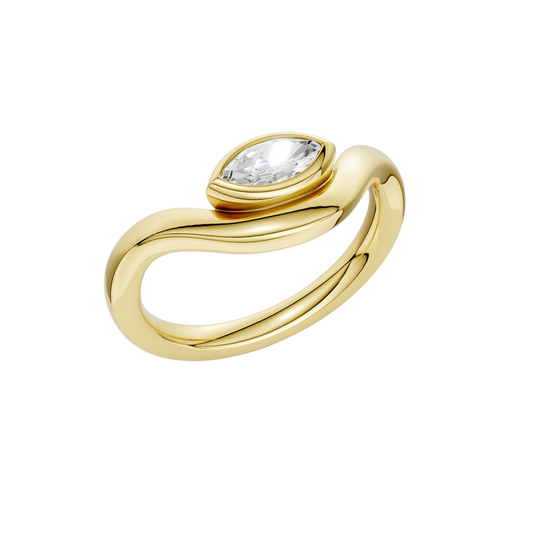 Marquise diamond wave ring in yellow gold, top view