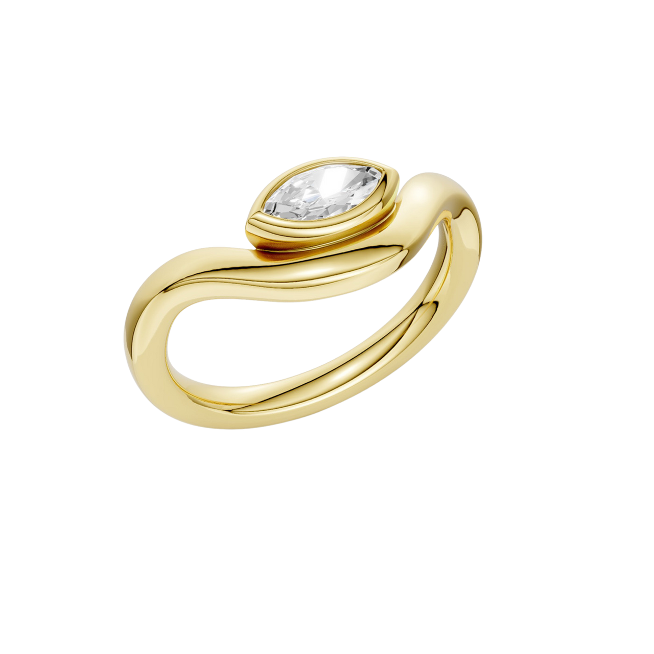 Marquise diamond wave ring in yellow gold, top view