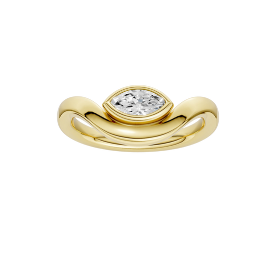 Marquise diamond wave ring in yellow gold, band detail view