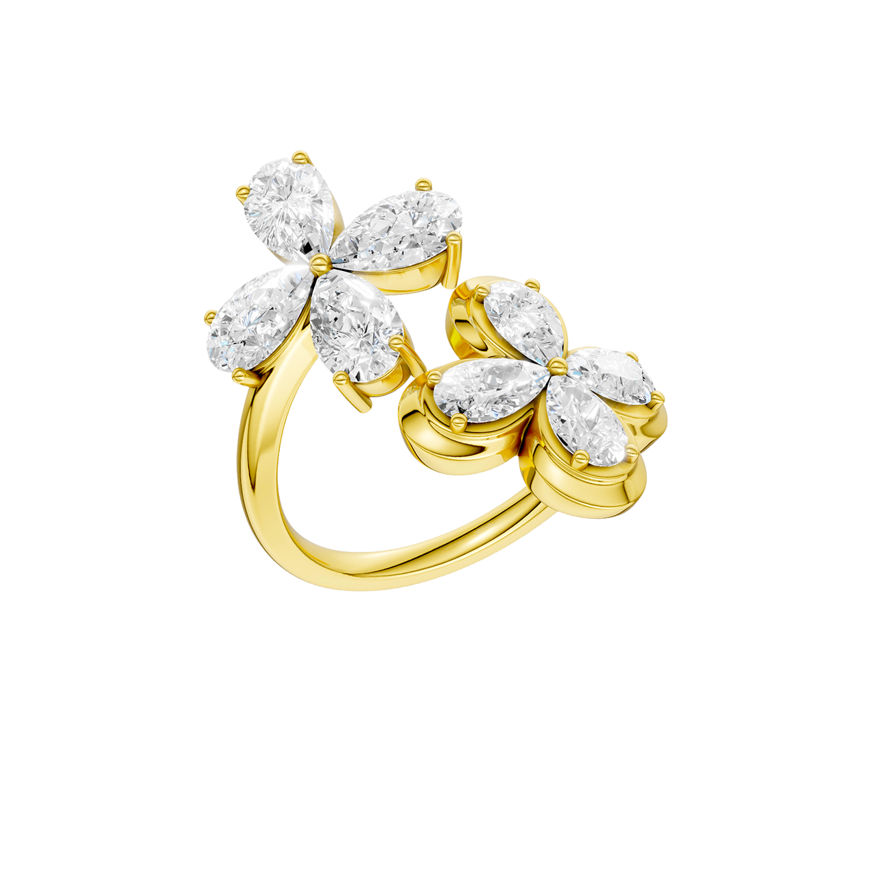 Angled view of a yellow gold floral diamond ring highlighting the dimensional flower motif, marquise-cut white diamond sparkle, and high-polish gold finish.