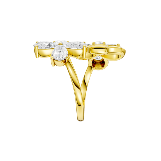 Side profile of a yellow gold floral diamond ring showcasing the elevated flower setting, smooth gold band, and refined craftsmanship.