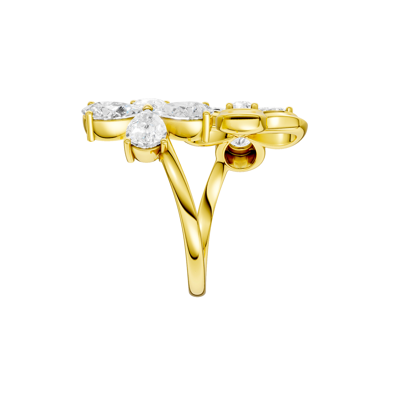 Side profile of a yellow gold floral diamond ring showcasing the elevated flower setting, smooth gold band, and refined craftsmanship.
