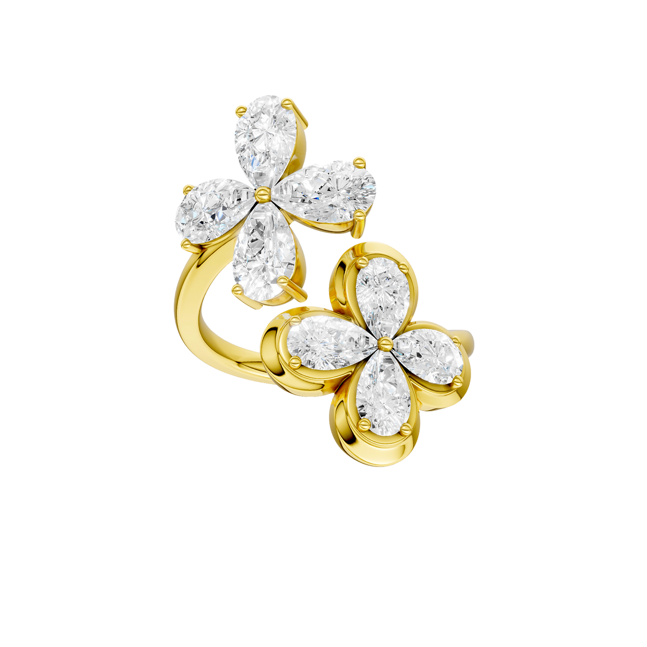 Top down view of a yellow gold floral diamond ring showcasing marquise-cut white diamonds arranged in a symmetrical flower pattern, highlighting the petal layout, diamond brilliance, and polished gold setting.