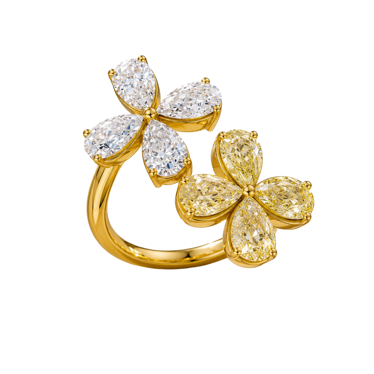 Angled view of a yellow gold floral diamond ring highlighting the dimensional flower motif, marquise-cut diamond sparkle, and high-polish gold finish.
