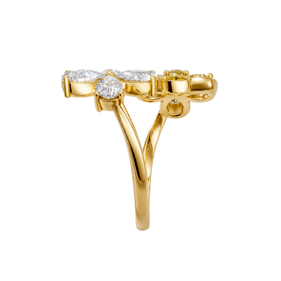 Side profile of a yellow gold floral diamond ring showcasing the elevated flower setting, smooth gold band, and refined craftsmanship.
