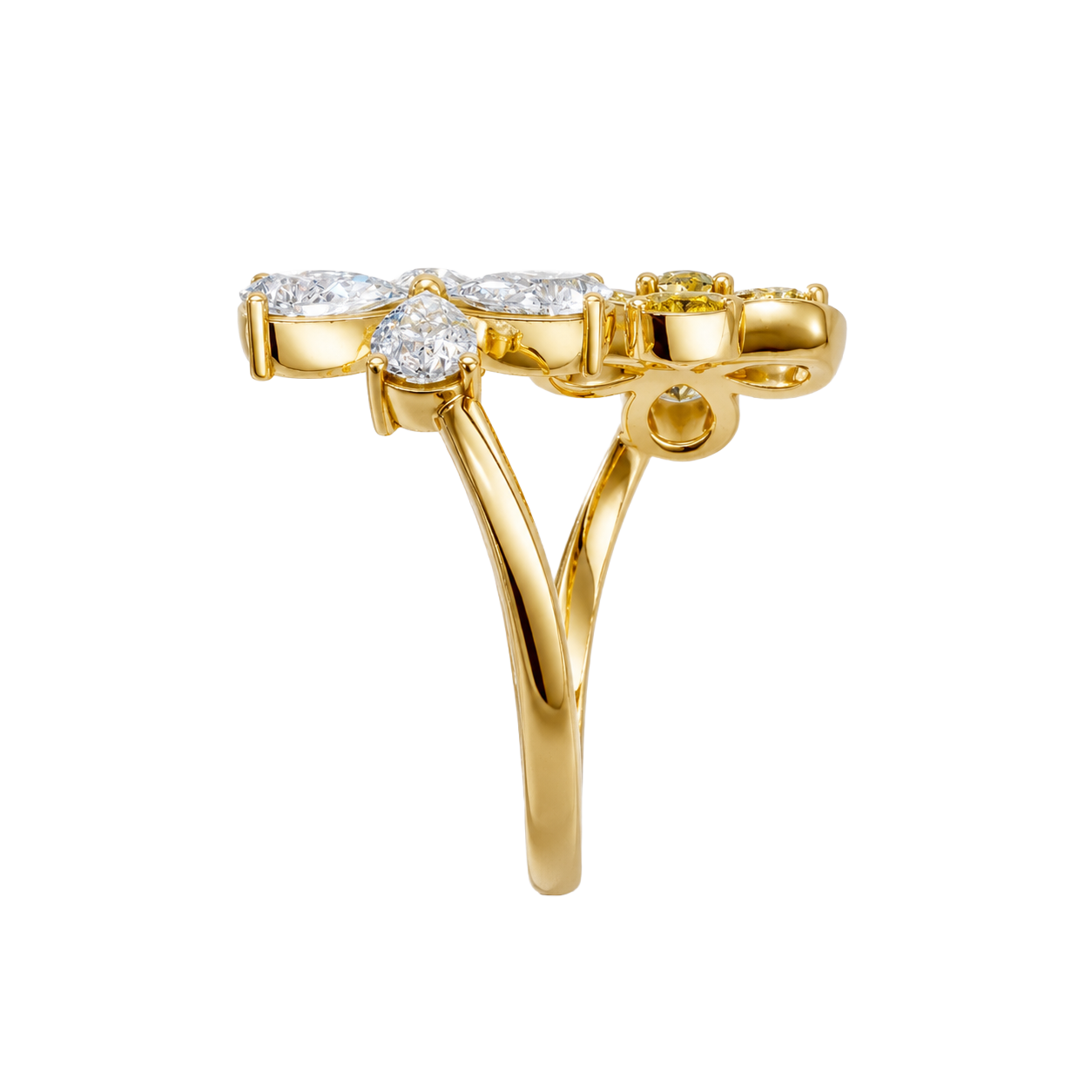 Side profile of a yellow gold floral diamond ring showcasing the elevated flower setting, smooth gold band, and refined craftsmanship.