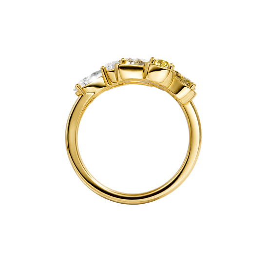 Front view of a yellow gold floral diamond ring featuring marquise-cut diamonds arranged in a blooming flower design with polished gold petals and sculptural detailing.