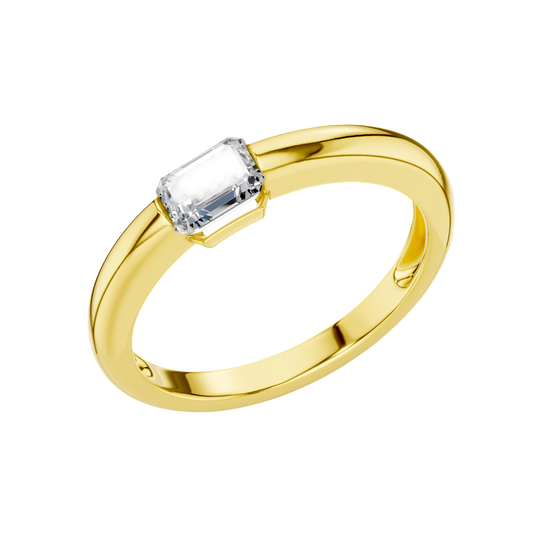 An angled view of a 14K yellow gold ring, showcasing the series of horizontal square-cut diamonds and the sleek connections between them.