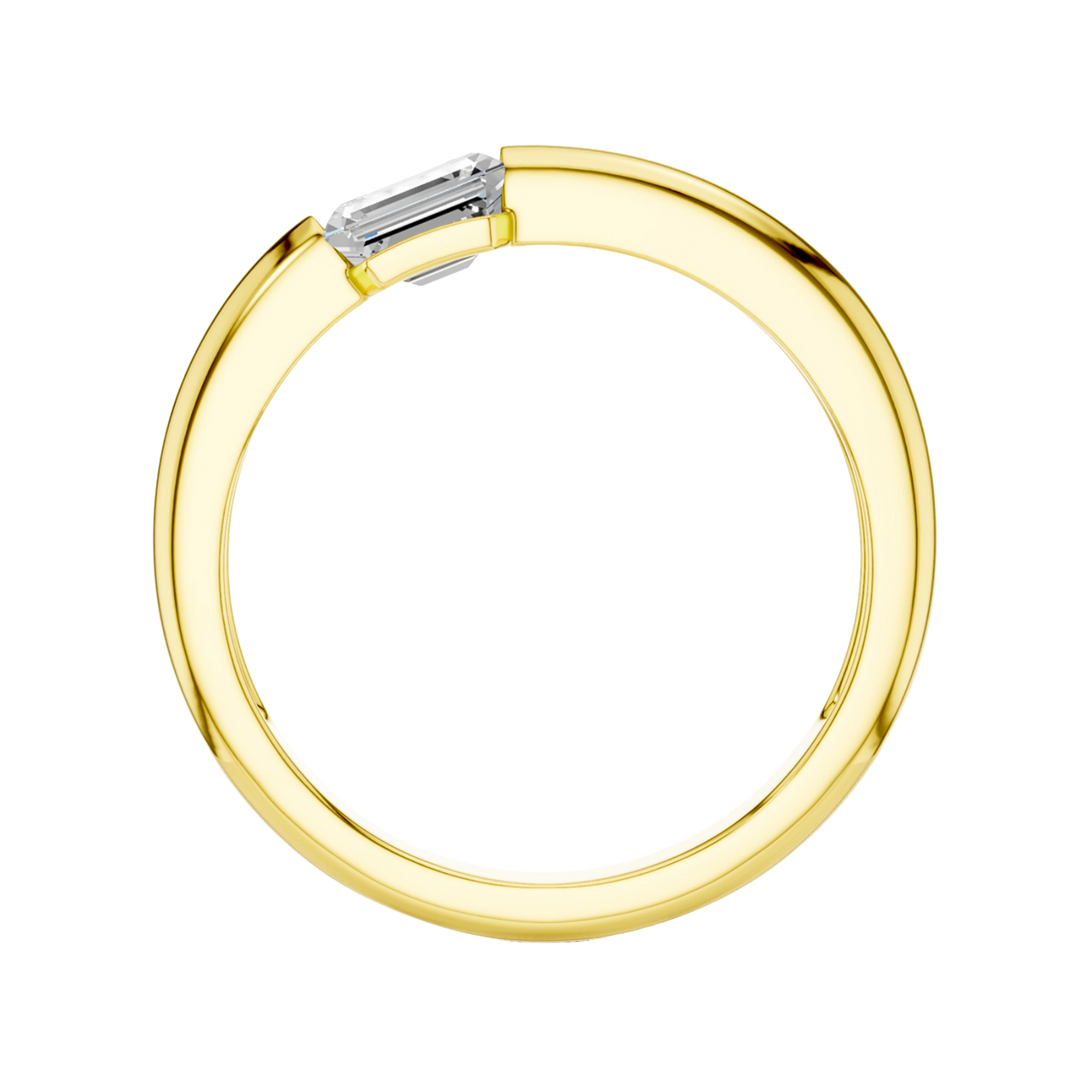 A upright side-profile view of a 14K yellow gold ring with a series of square-cut diamonds, showing the modern bezel setting.