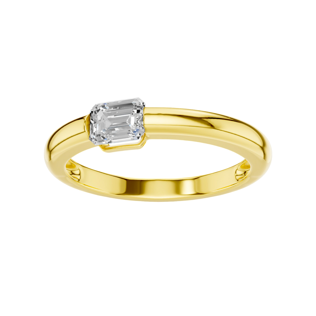 A top-down view of a 14K yellow gold ring with a series of horizontal, square-cut diamonds.