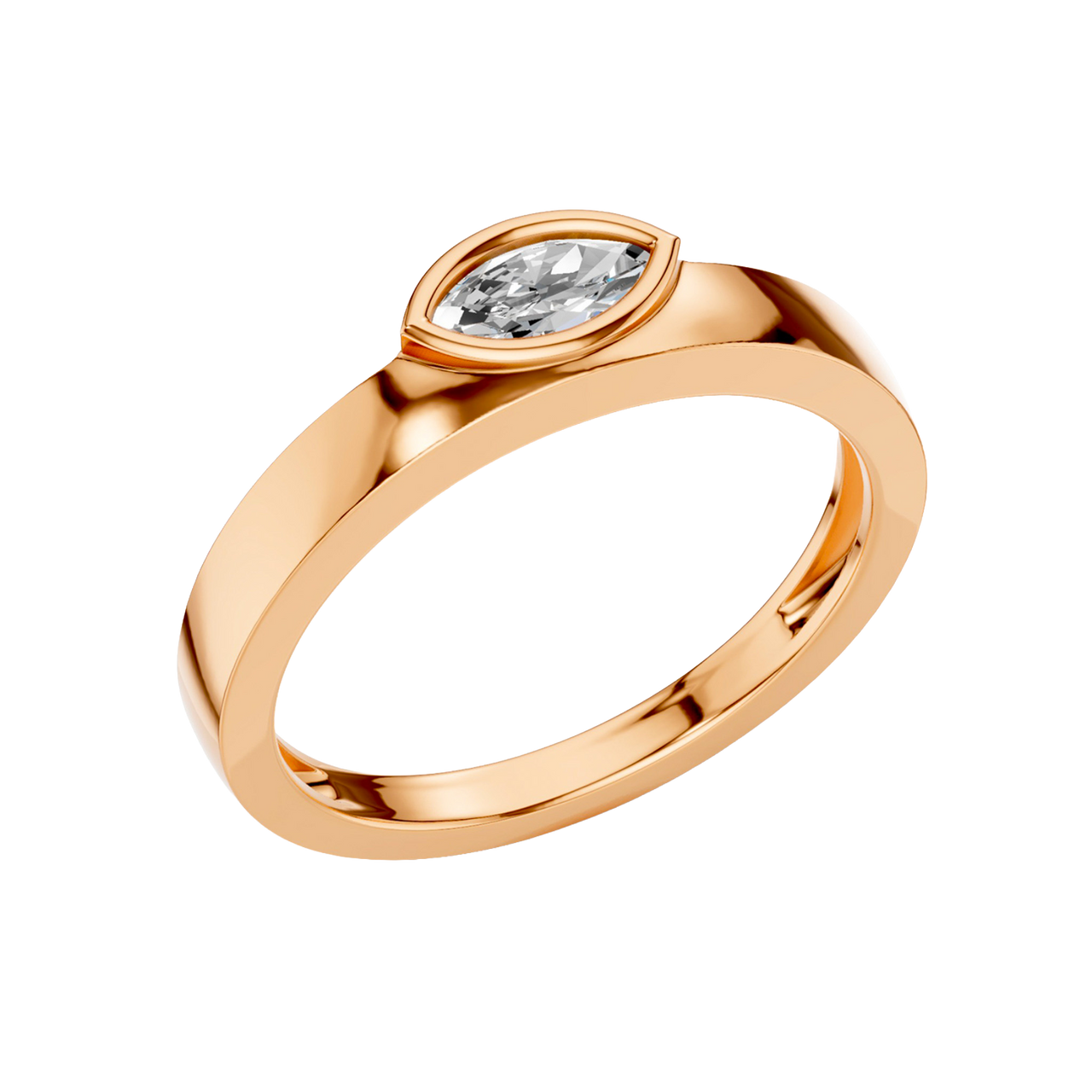 An angled view of a 14K rose gold bypass ring, showcasing the bezel-set oval diamond and the overlapping band.