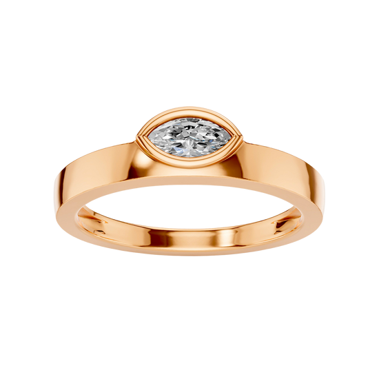 A top-down view of a 14K rose gold bypass ring with a single, horizontally-set oval diamond in a bezel setting.