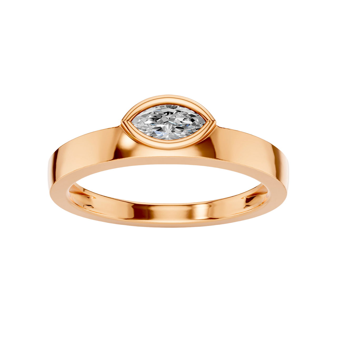 A top-down view of a 14K rose gold bypass ring with a single, horizontally-set oval diamond in a bezel setting.
