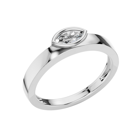 An angled view of a 14K white gold bypass ring, showcasing the bezel-set oval diamond and the overlapping band.