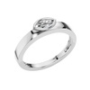 An angled view of a 14K white gold bypass ring, showcasing the bezel-set oval diamond and the overlapping band.