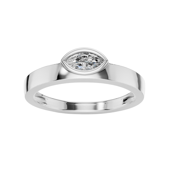 A top-down view of a 14K white gold bypass ring with a single, horizontally-set oval diamond in a bezel setting.