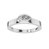 A top-down view of a 14K white gold bypass ring with a single, horizontally-set oval diamond in a bezel setting.