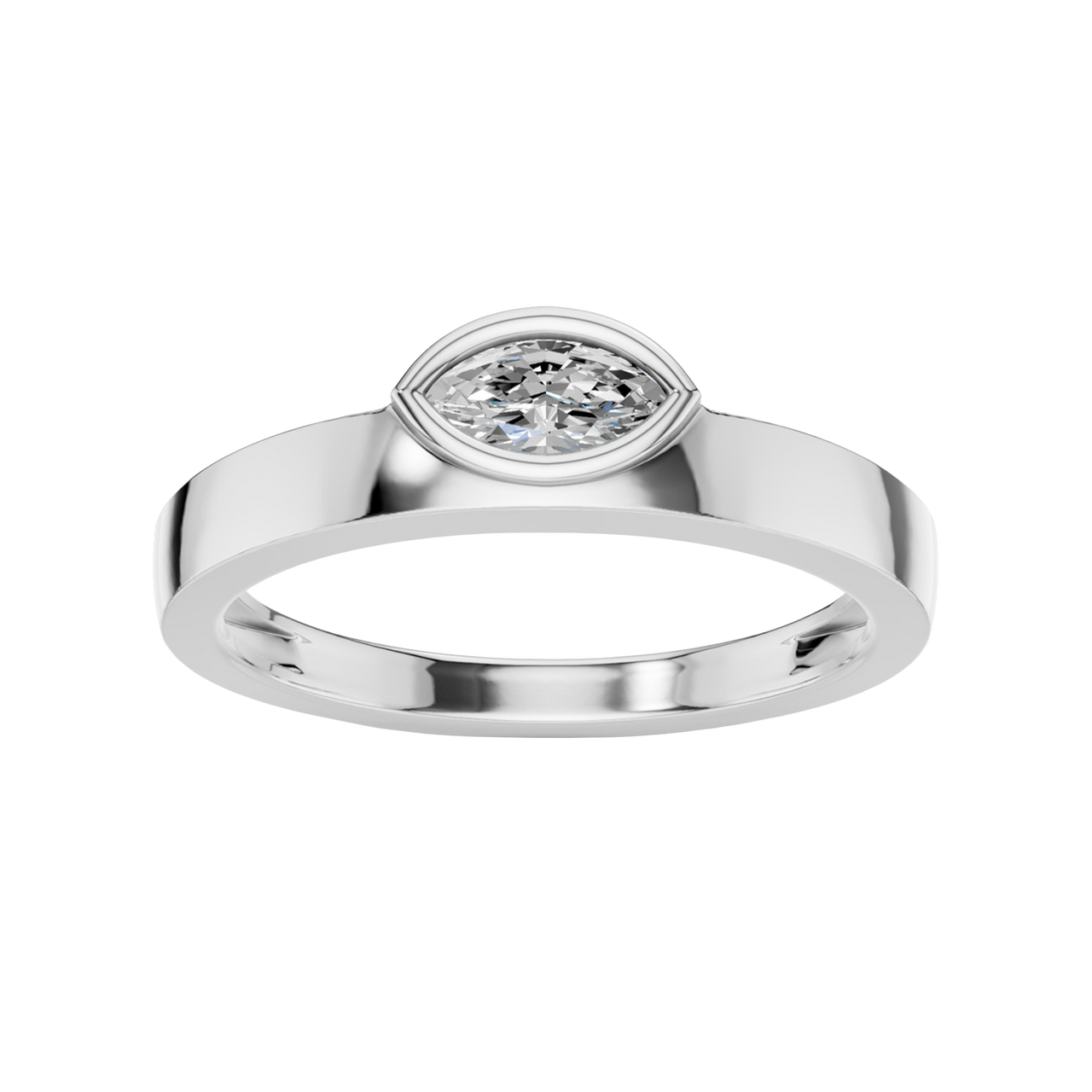 A top-down view of a 14K white gold bypass ring with a single, horizontally-set oval diamond in a bezel setting.