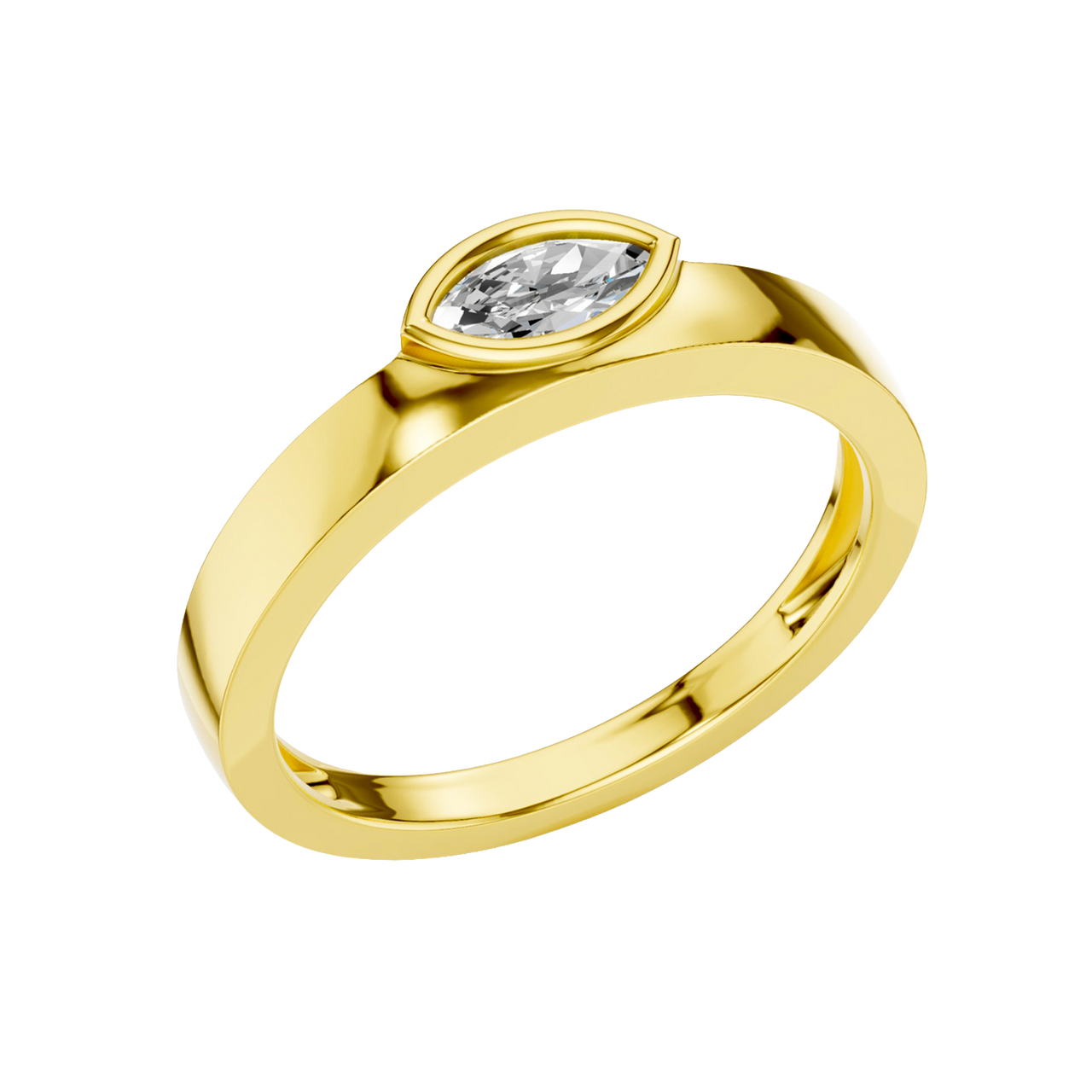 An angled view of a 14K yellow gold bypass ring, showcasing the bezel-set oval diamond and the overlapping band.