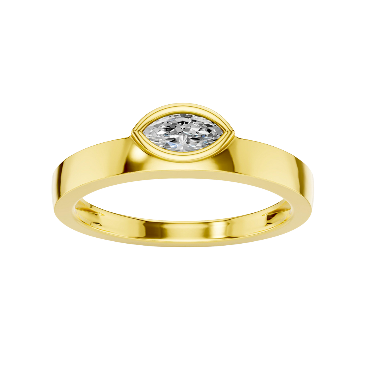 A top-down view of a 14K yellow gold bypass ring with a single, horizontally-set oval diamond in a bezel setting.