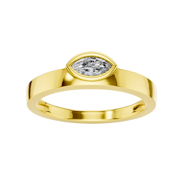 A top-down view of a 14K yellow gold bypass ring with a single, horizontally-set oval diamond in a bezel setting.