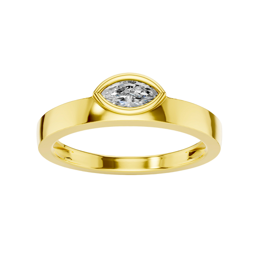A top-down view of a 14K yellow gold bypass ring with a single, horizontally-set oval diamond in a bezel setting.