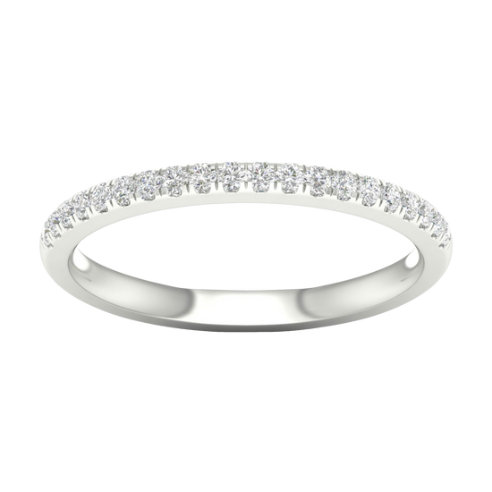A top-down view of a 14K white gold thin band ring with a continuous line of petite, pavé-set round jewels.