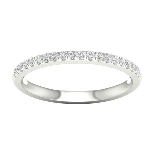 A top-down view of a 14K white gold thin band ring with a continuous line of petite, pavé-set round jewels.