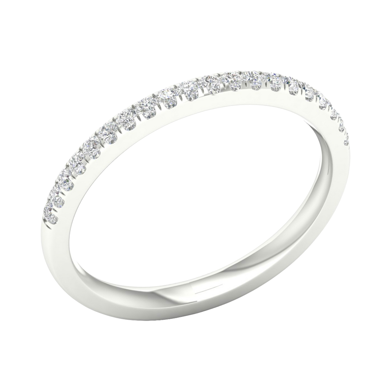 An angled view of a 14K white gold ring, showcasing the continuous shimmer of the pavé jewels.