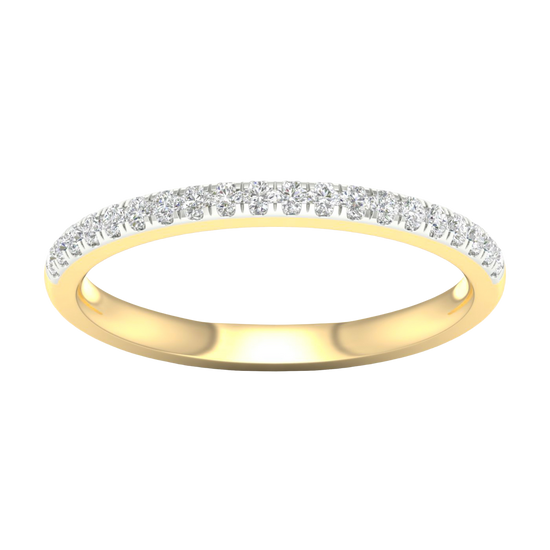A top-down view of a 14K yellow gold thin band ring with a continuous line of petite, pavé-set round jewels.