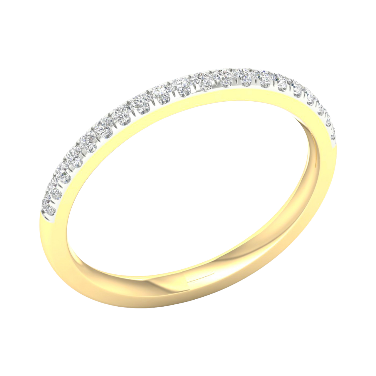 An angled view of a 14K yellow gold ring, showcasing the continuous shimmer of the pavé jewels.