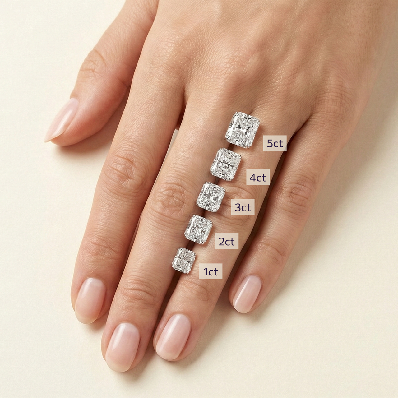 Diamond carat sizes on a hand